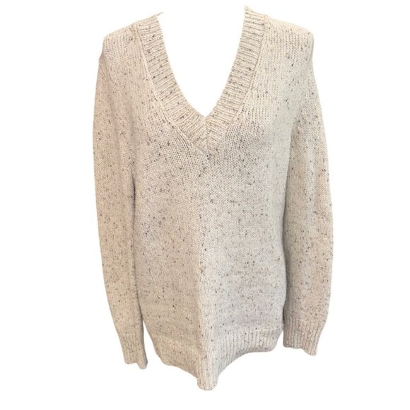 Banana Republic Women V-Neck Sweater L Speckled Wool Blend Cable Knit Fisherman - Picture 1 of 10